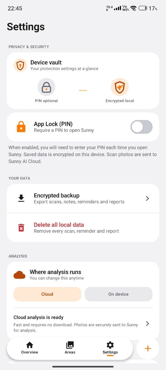 Sunny settings and privacy controls